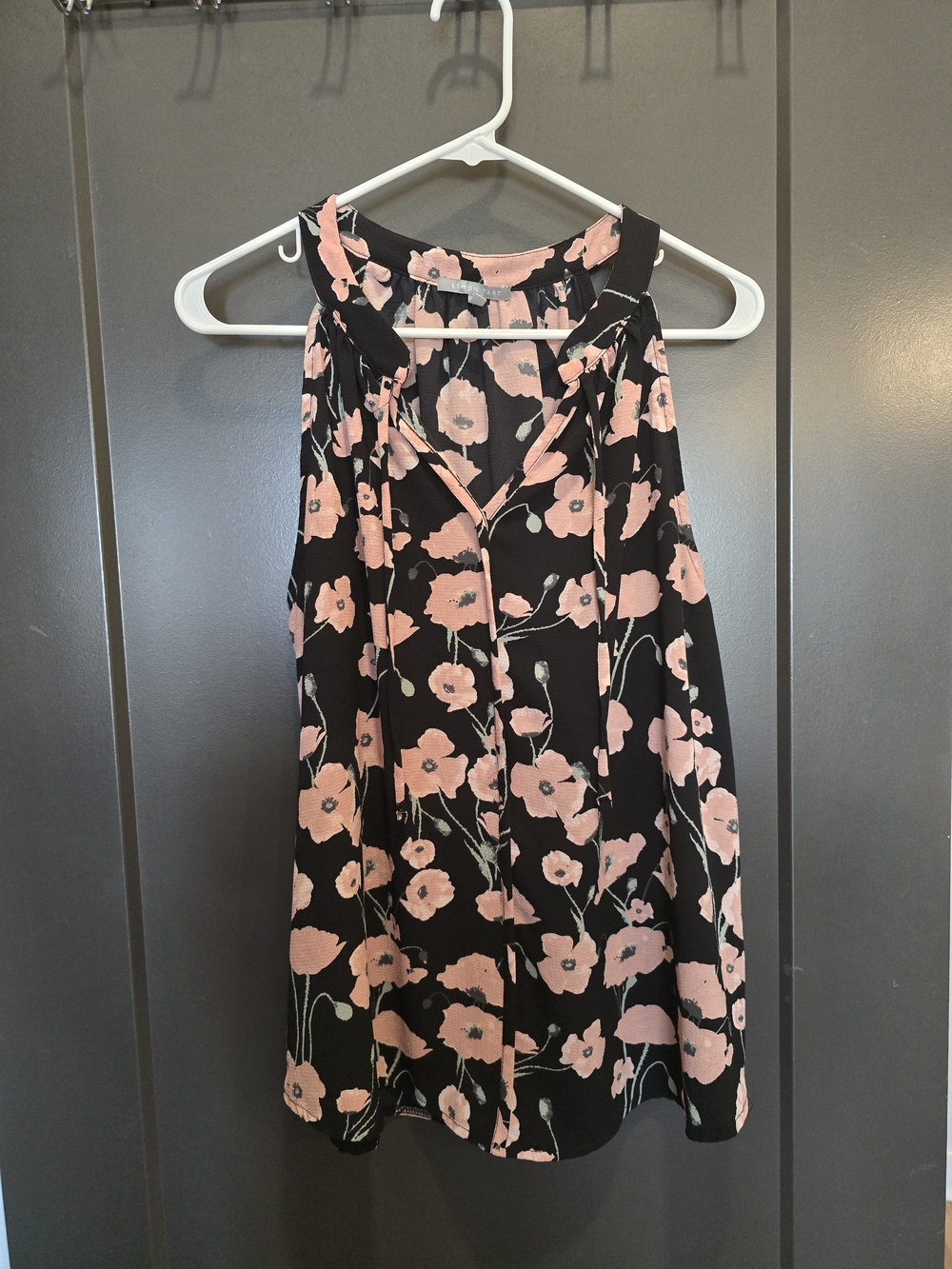 Black Floral Sleeveless Halter Blouse  with Pink Poppy Print Size L